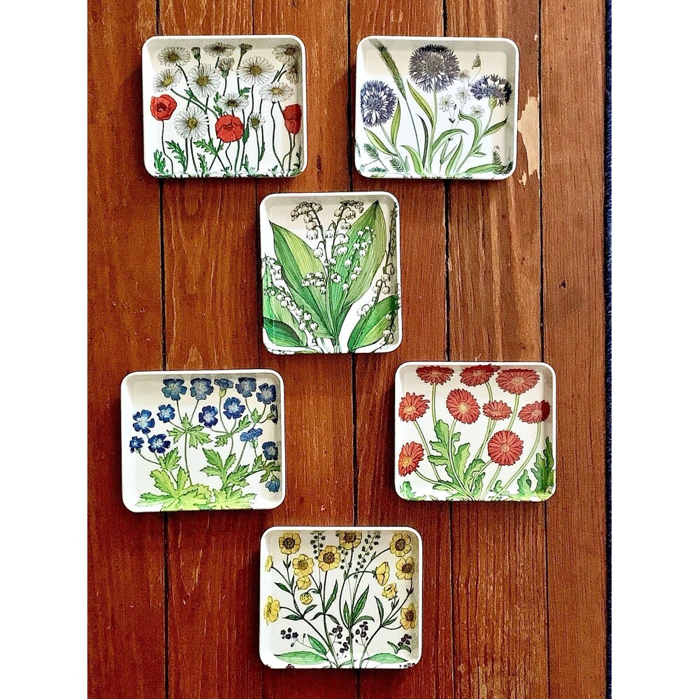 VTG 1970s Mebel Italy Melamine Botanical Trinket Trays set 6- MCM Floral